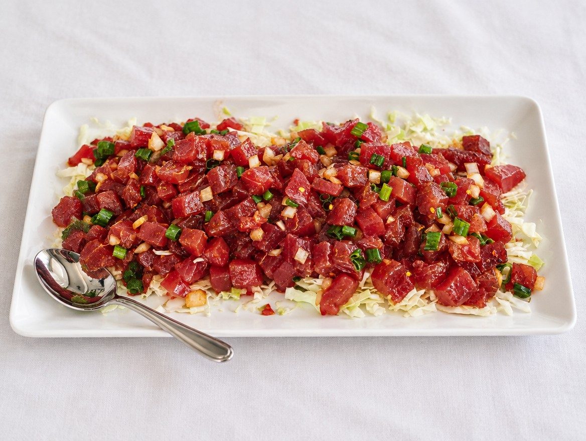 Ahi poke with green onion on a white platter