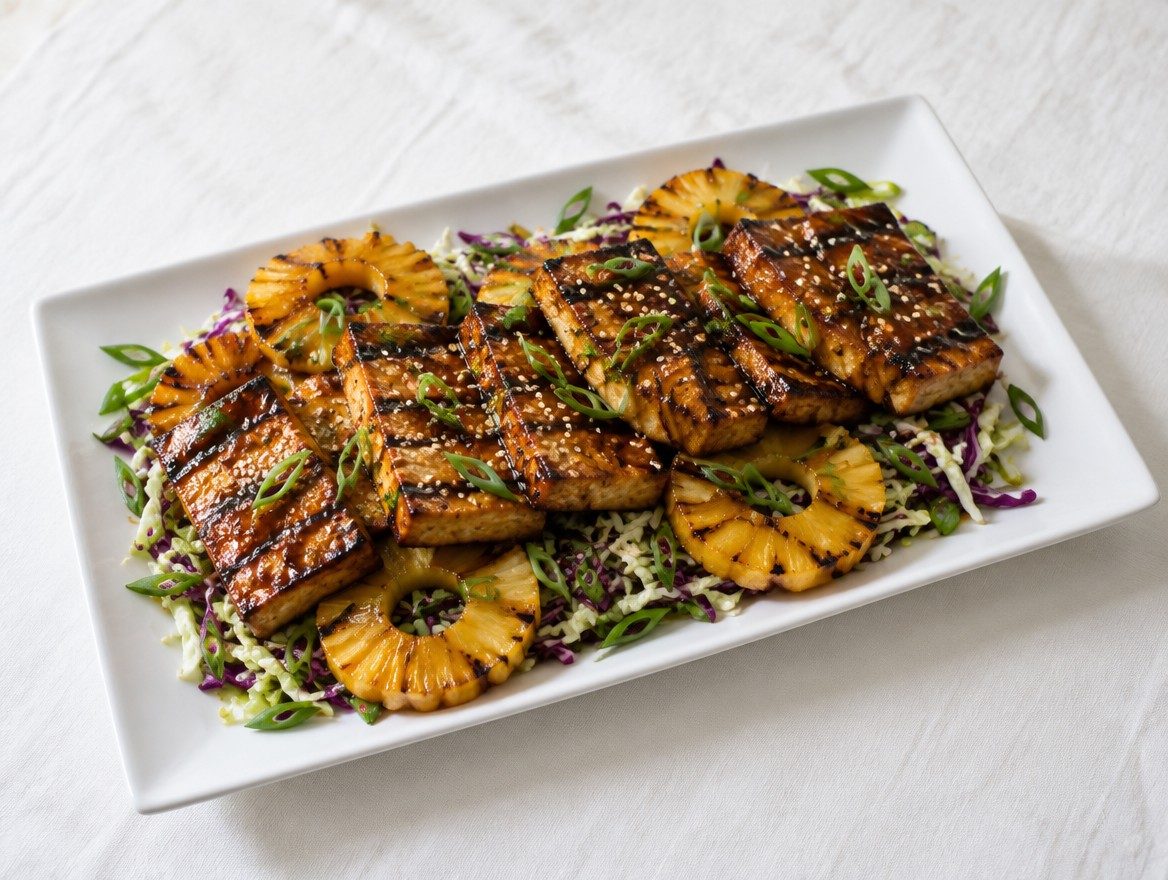 Grilled Huli Huli tofu with grilled pineapple
