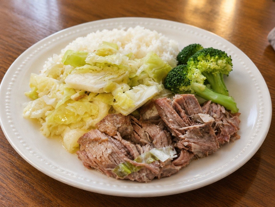 Kālua pig with cabbage, rice and broccoli