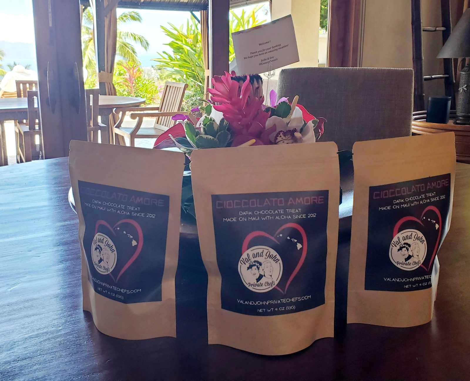 Bags of Cioccolato Amore on a table in a Maui rental
