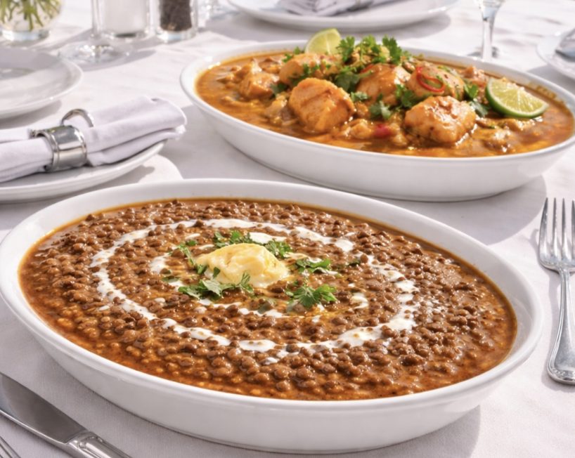 Fish curry and creamy dal makhani