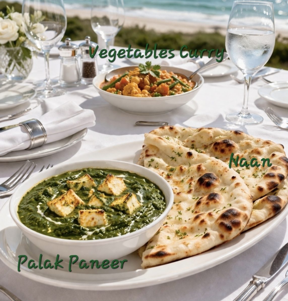 Palak paneer, vegetable curry and naan