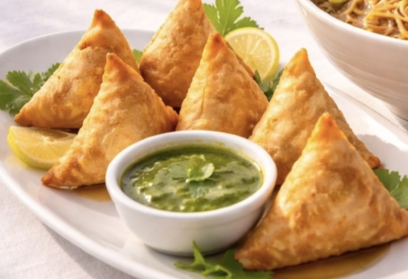 Samosas with mint chutney