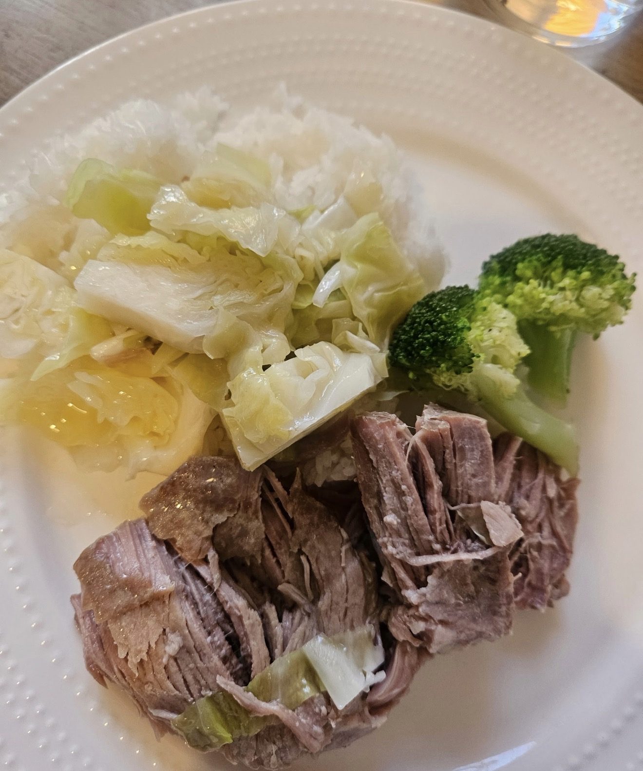 Kālua pig with cabbage, rice and broccoli