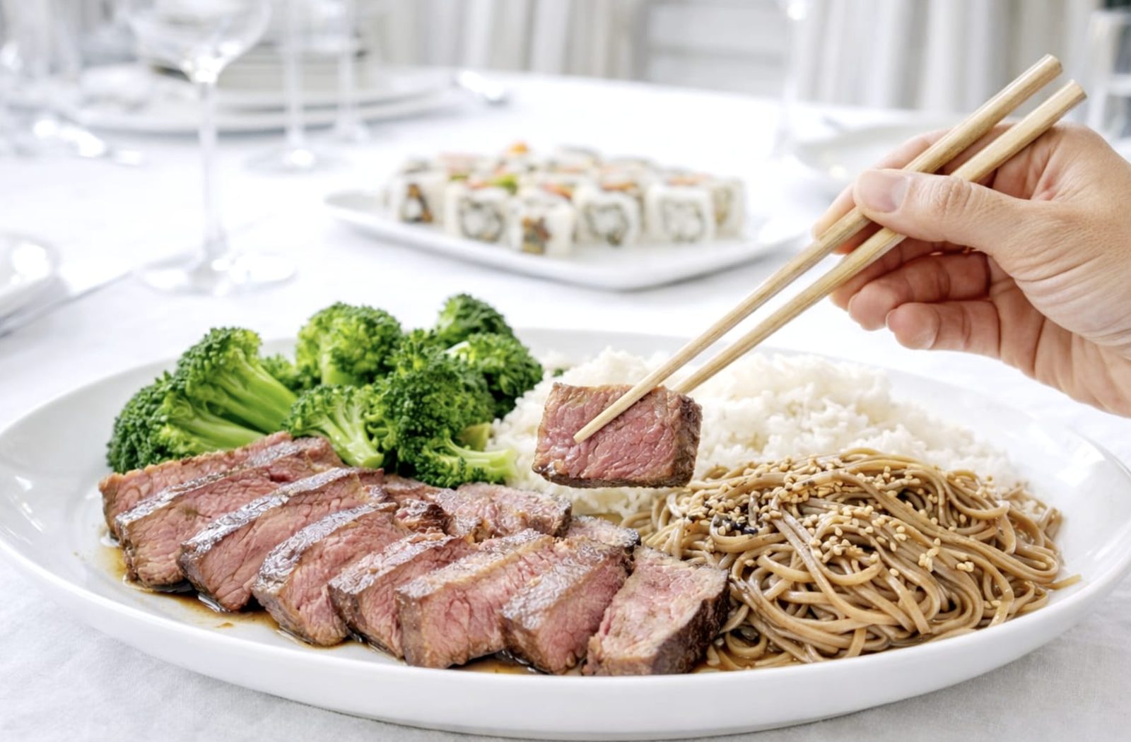 Seared wagyu beef with broccoli, rice and soba noodles