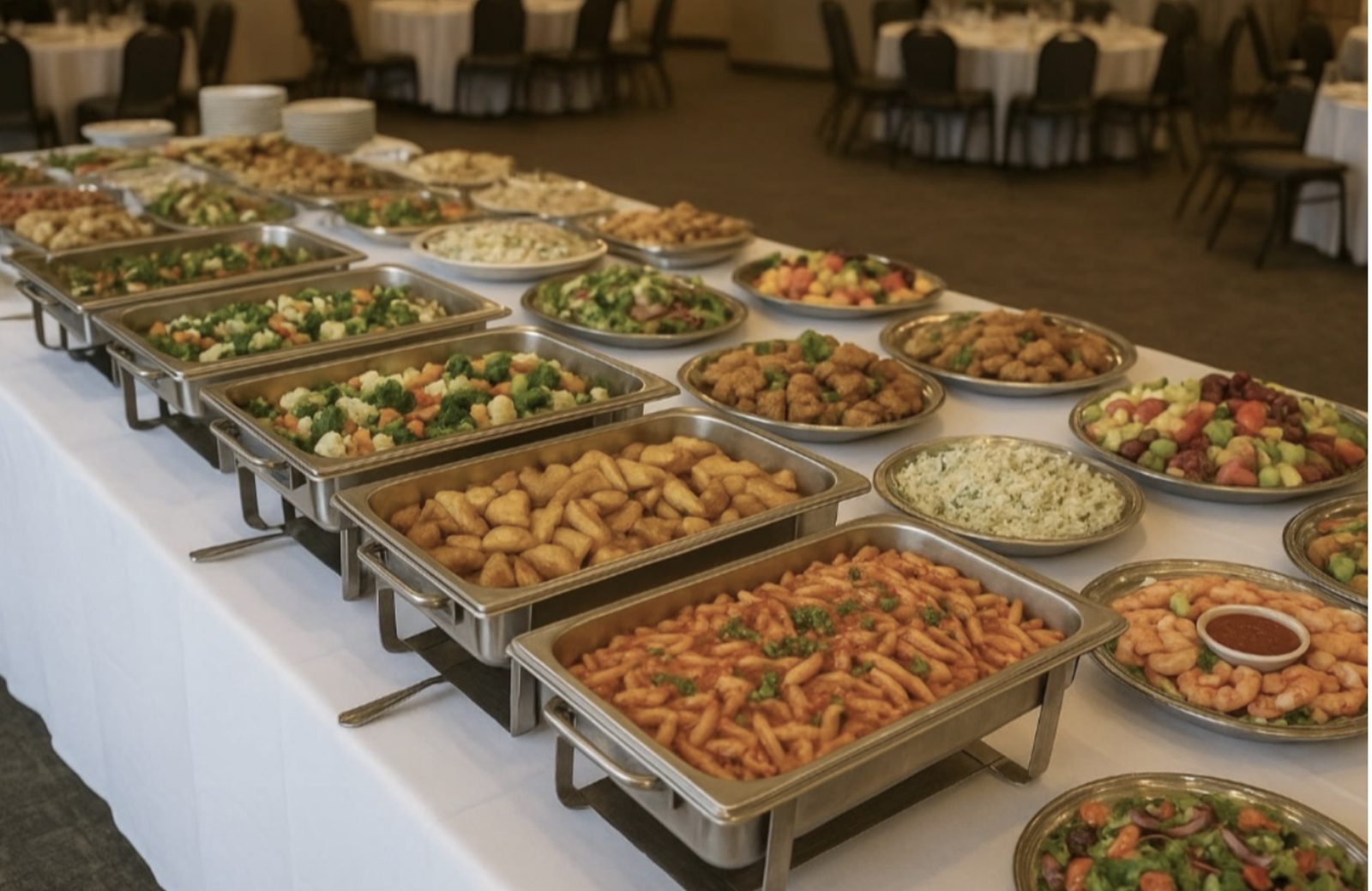 A buffet line of chafing dishes and platters