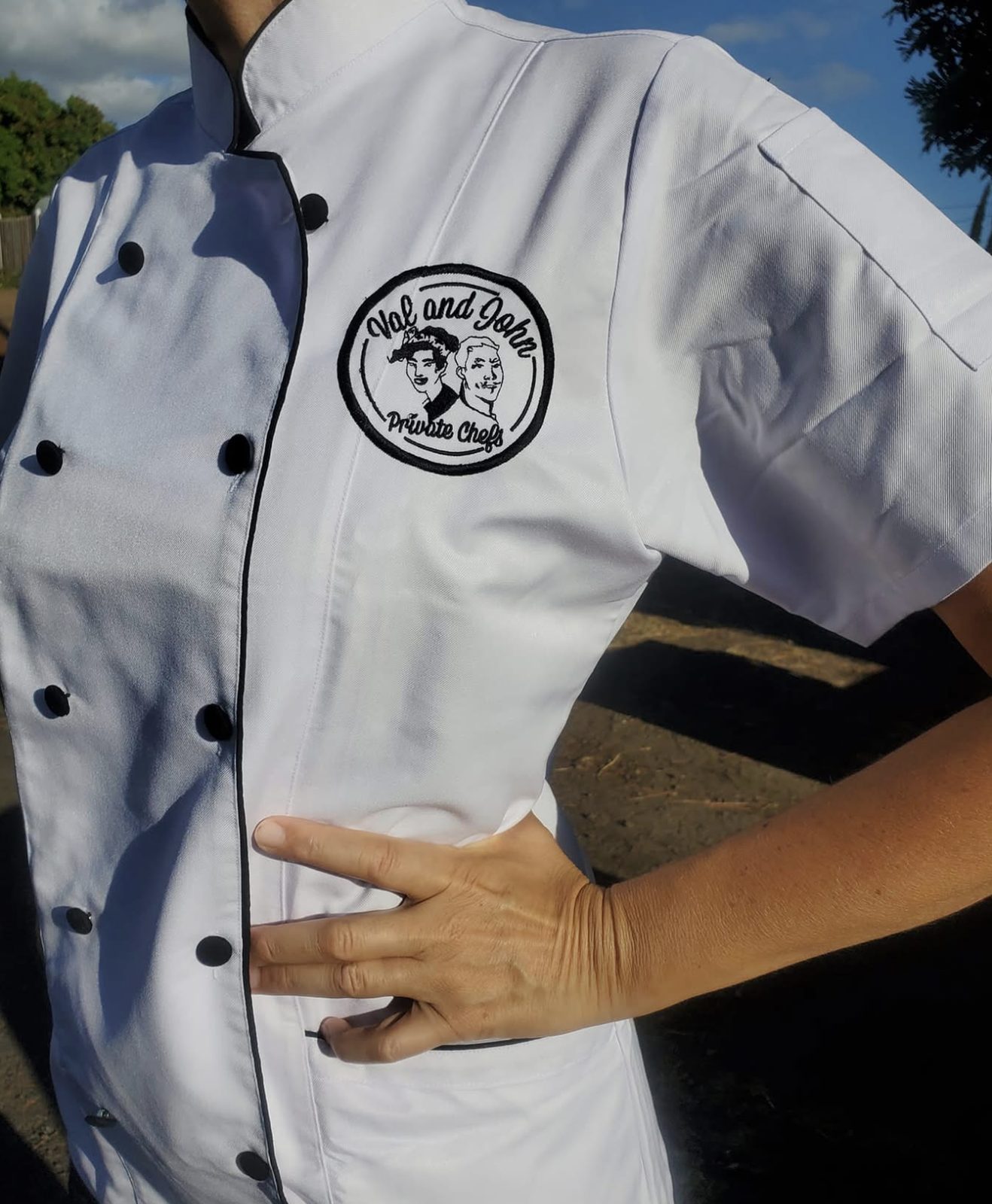 Val's chef jacket with the Val and John logo