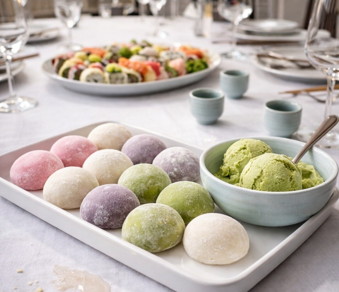 Assorted mochi with matcha ice cream