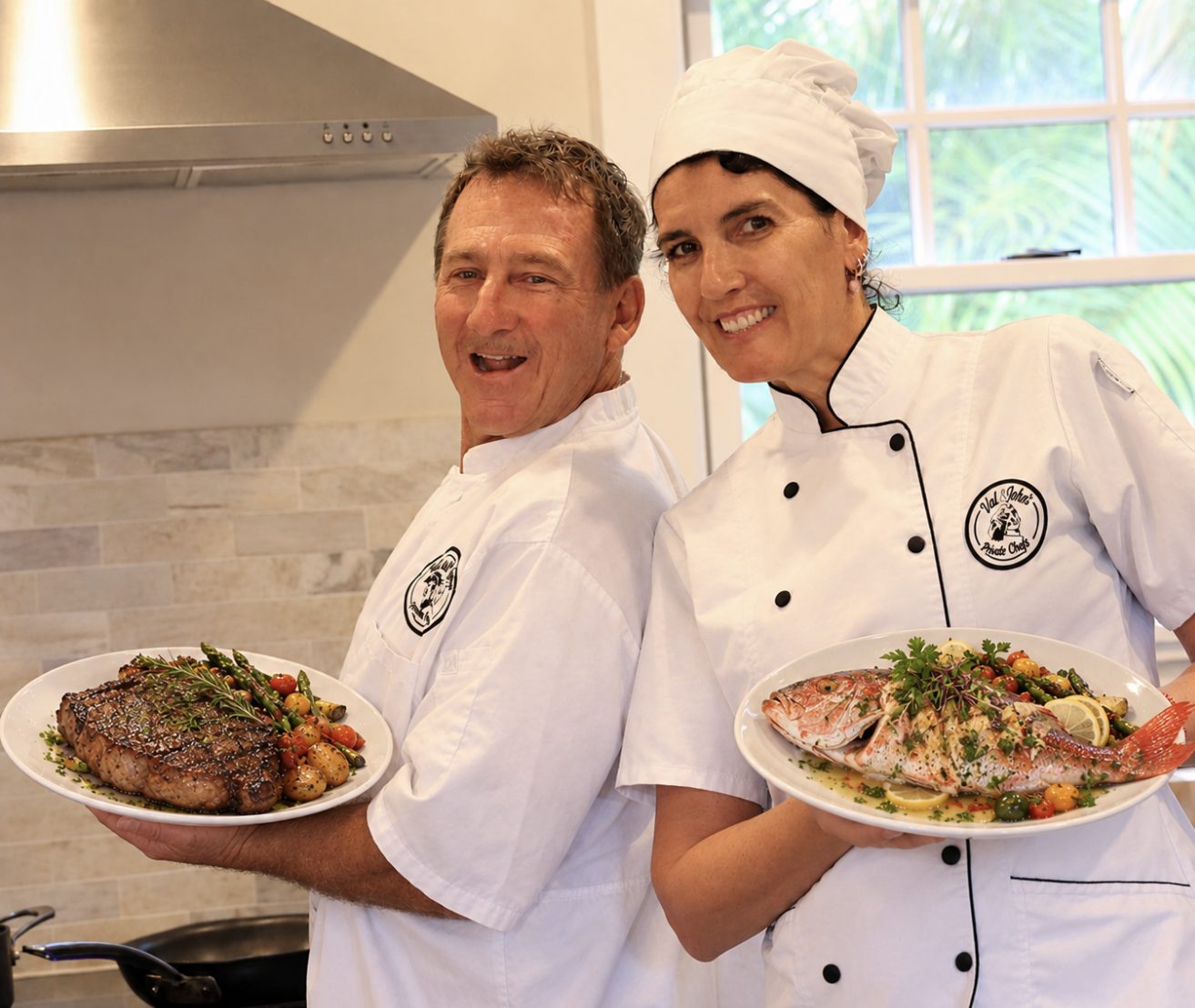 Val and John in chef whites in a kitchen, Val holding a whole roasted fish and John a grilled steak